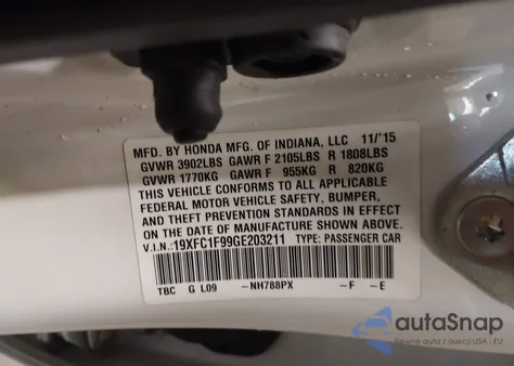 2016 Honda Civic Touring from USA, damaged, VIN 19XFC1F99GE203211